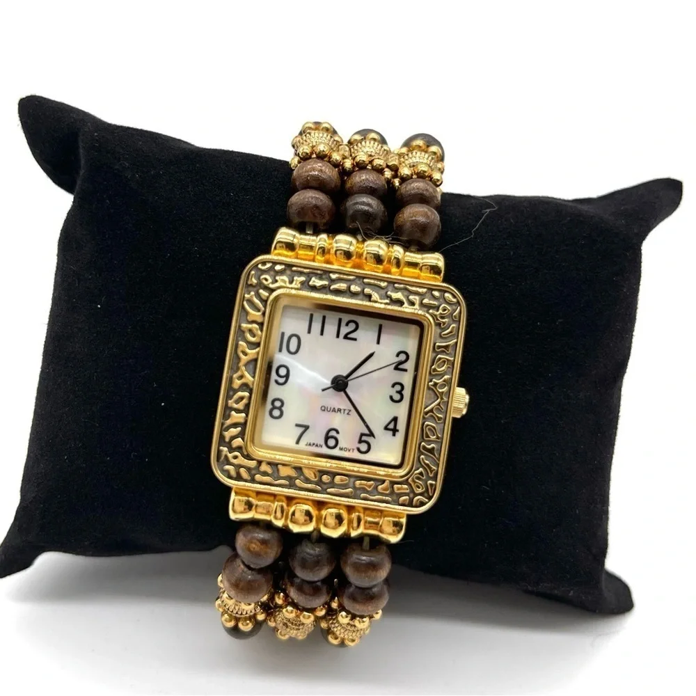 Japan Movt Mother of Pearl Face w/ Wooded & Gold tone Beads Stretch Watch